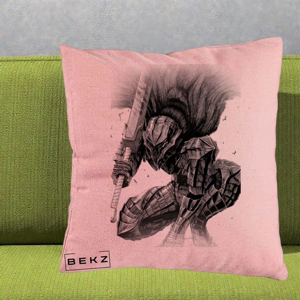 Perna Personalizata Berserk Guts Armor of Darkness Manga, 40x40 cm, Roz, Husa Detasabila, Perna Inclusa, BEKZ®