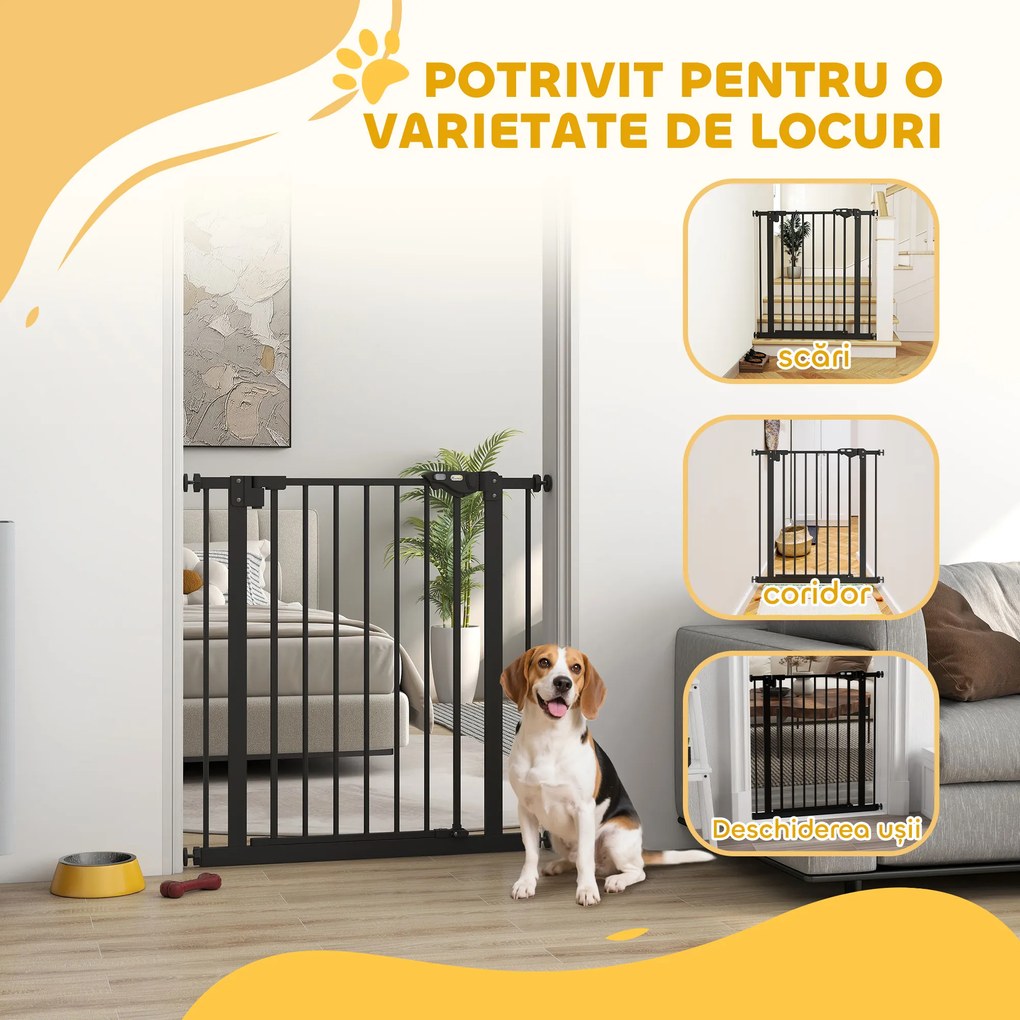 PawHut Poartă de Siguranță pentru Câini cu 2 Extensii, Lățime Reglabilă și Închidere Automată, 74x77cm, Negru | Aosom Romania