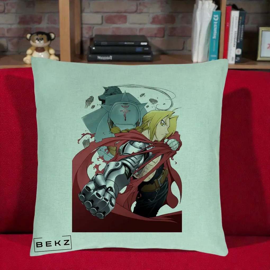 Perna Personalizata Fullmetal Alchemist Brotherhood Edward si Al Poster, 40x40 cm, Verde Menta, Husa Detasabila, Perna Inclusa, BEKZ®