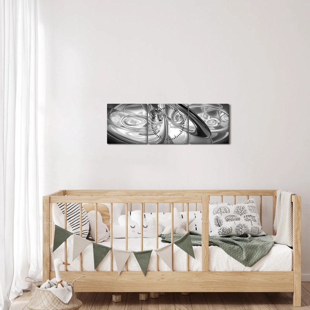 Tablou cu abstracțiune modernă în gri (cu ceas) (90x30 cm)