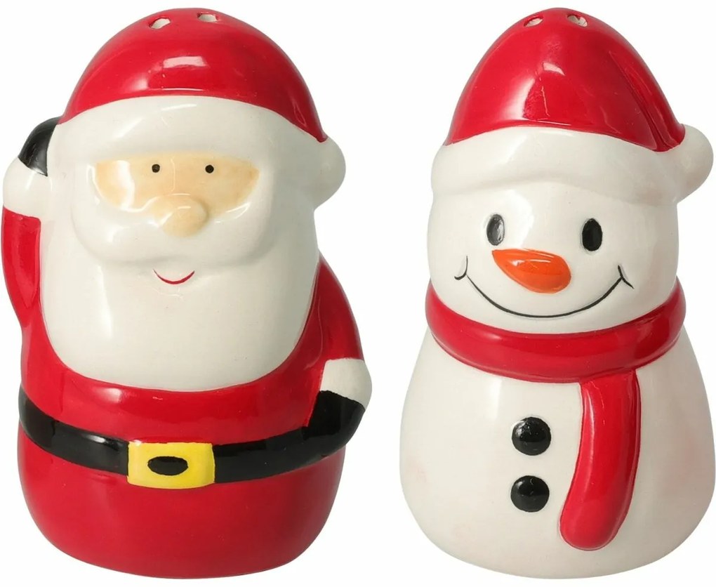 Solniță și piperniță de Crăciun din ceramică Moș Crăciun și Om de zăpadă