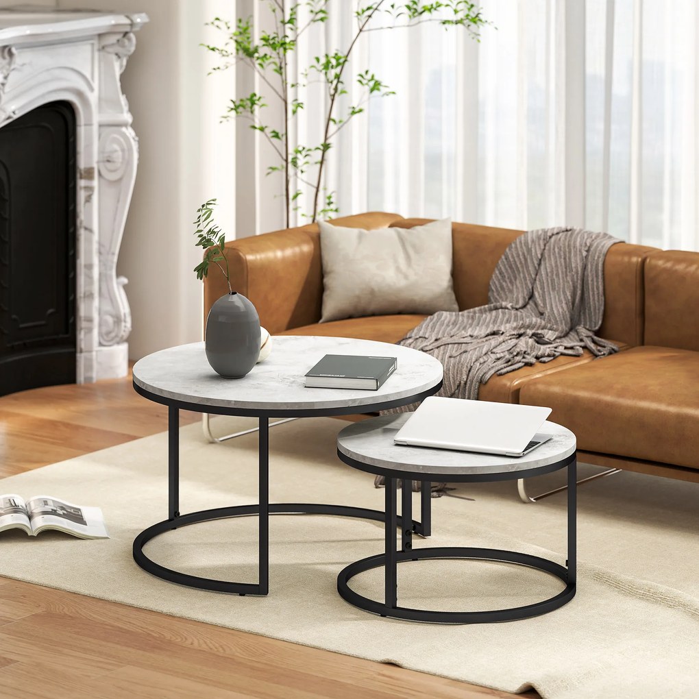 HOMCOM Set 2 Masute de Cafea care se Suprapun, Masute pentru Salon Rotunde din Metal si MDF Efect Marmura, Gri si Negru