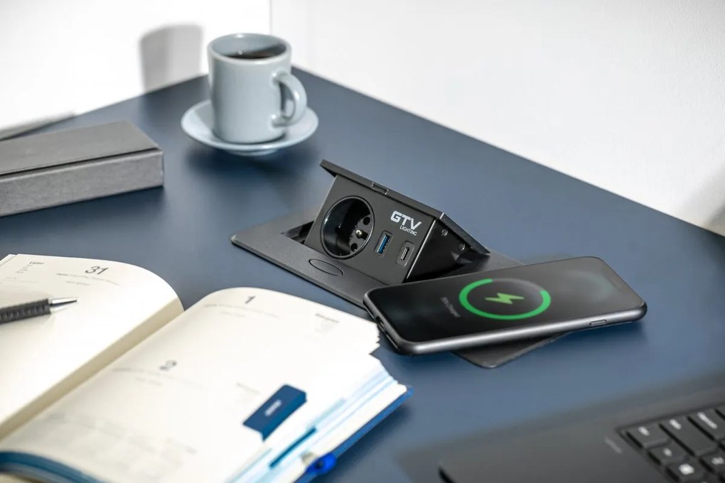 Priza incorporabila dreptunghiulara, 1 priza schuko, 2 USB A, cablu 1.5 m, alba, incarcare wireless, GTV