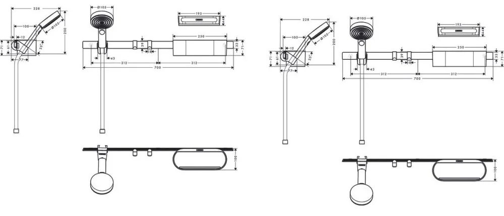 Set para de dus 105, 3 jeturi si accesorii baie, alb mat Alb mat