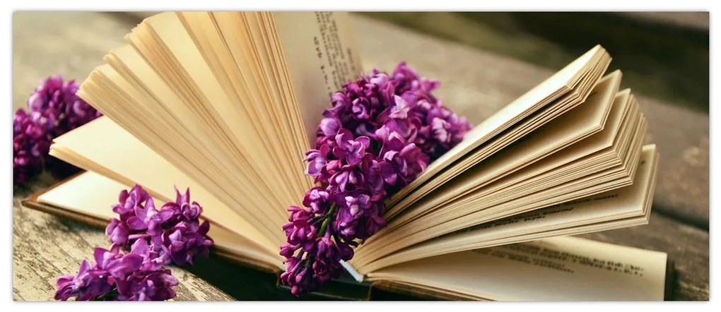 Tablou cu carte și floare violetă (120x50 cm)