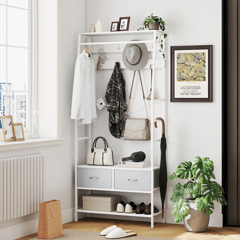 HOMCOM Cuier pentru pantofi cu spațiu pentru pantofi, cârlige, sertare, bară și raft pentru intrare, hol, living 80x30x180,5 cm Alb | Aosom Romania