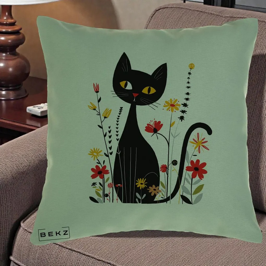 Perna Decorativa Pisica Neagra Ochi Galbeni Flori, 40x40 cm, Verde, Husa Detasabila, Perna Inclusa, BEKZ®