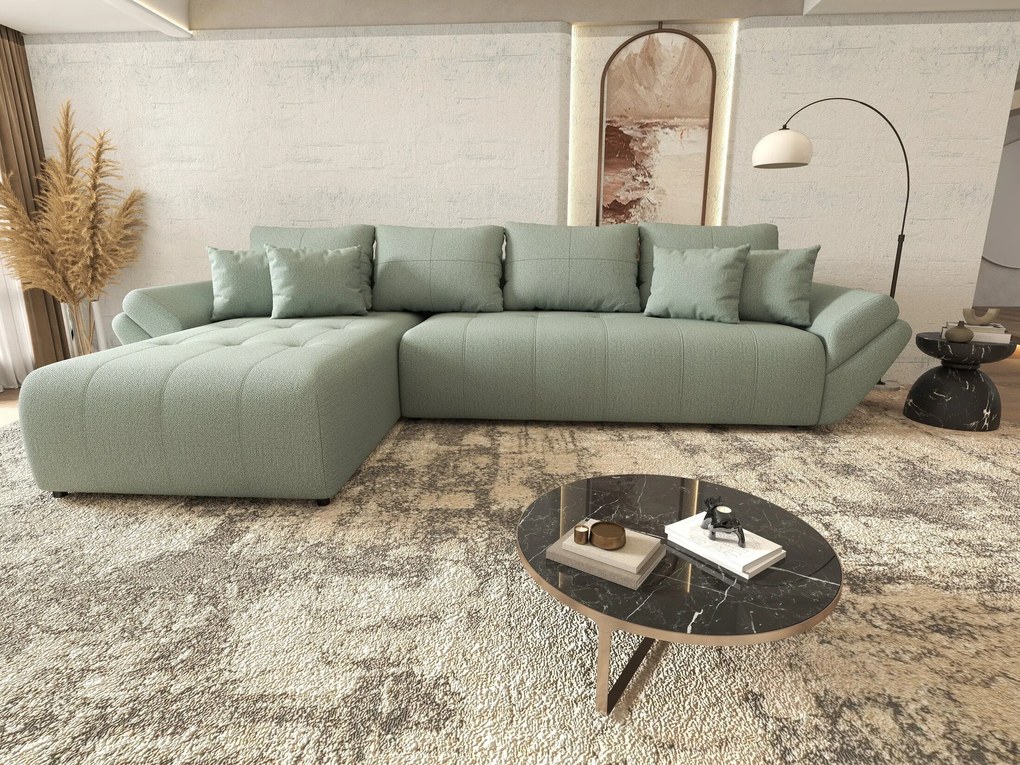 Colțar extensibil dumonde cu ladă de depozitare si sezut confortabil din spuma high-density, Berlin XL Enjoy Mint 350x185 cm