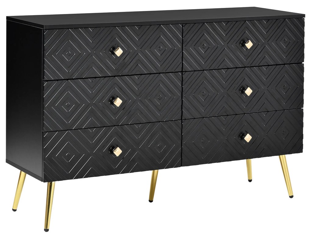 Comodă cu 6 sertare, cu model geometric și mânere în formă de diamant, pentru dormitor și living, 120x40x80 cm, Negru