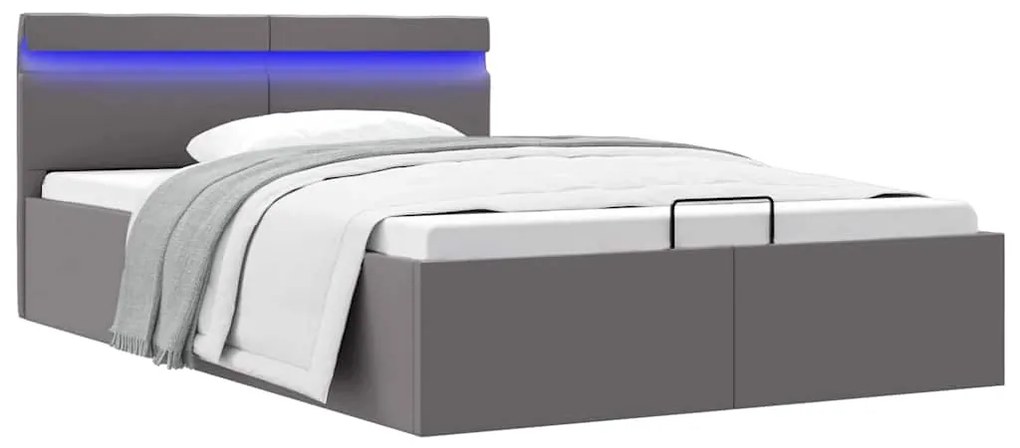 vidaXL Cadru pat hidraulic ladă și LED gri 140x200 cm piele ecologică