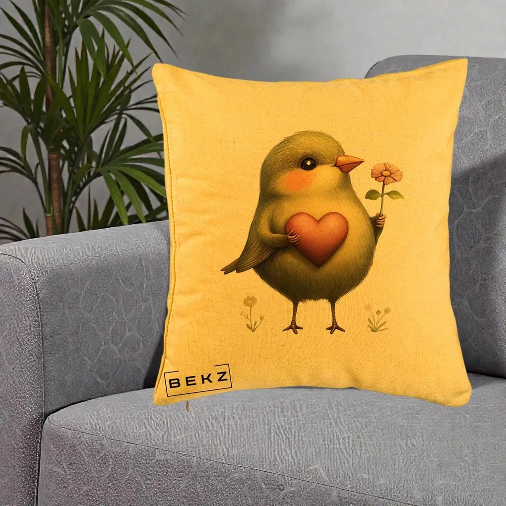 Perna Decorativa Pasare Verde cu Inima si Floare, 40x40 cm, Galben, Husa Detasabila, Perna Inclusa, BEKZ®