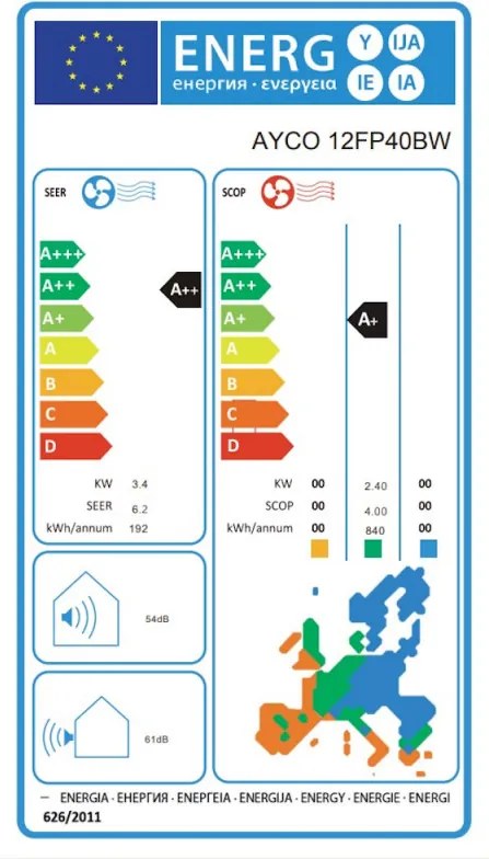 Aparat de aer conditionat cu invertor Ayco 12FP40BW, 12000 BTU, A++/A+, Pana la 25 m², Autocuratare, Autodiagnosticare, Repornire automata, Alb