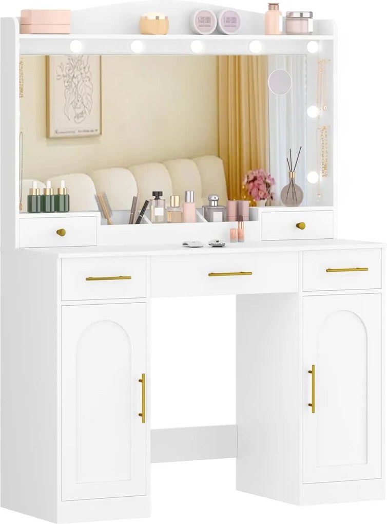 Masuta machiaj cu Oglinda LED si 5 Sertare pentru Cosmetice, Set Masa toaleta 108 cm, Alb, masuta cosmetica, vanity - SEA911