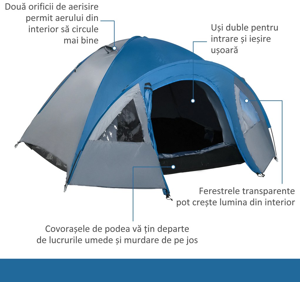 Outsunny Cort de Camping pentru 4 Persoane, cu Spațiu de Depozitare, Albastru, 3x2.50x1.30m | Aosom Romania