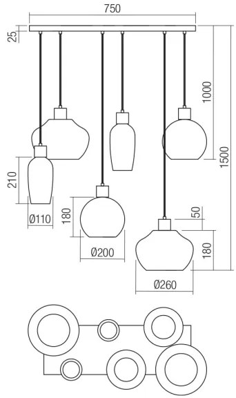 Lustră pe cablu Redo 01-4047 ATLANTIS 6xE27/42W/230V negru