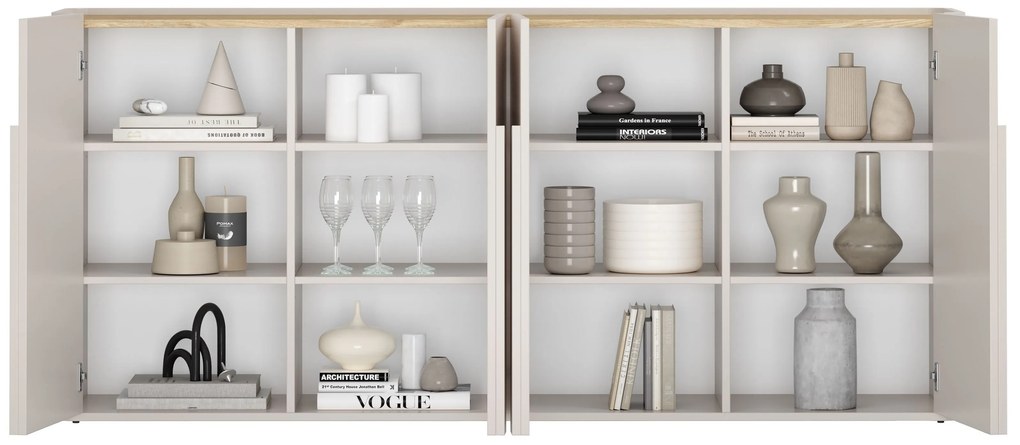 Comodă cu patru uși Amilio 200 cm - cașmir / stejar uleiat / mânere cașmir