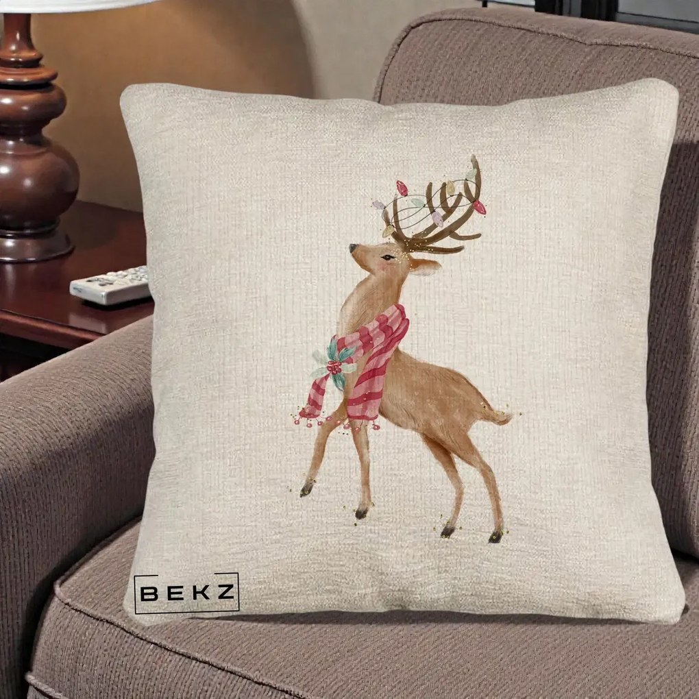 Perna Decorativa Renita cu Fular si Luminite, 40x40 cm, Bej Canapea, Husa Detasabila, Perna Inclusa, BEKZ®