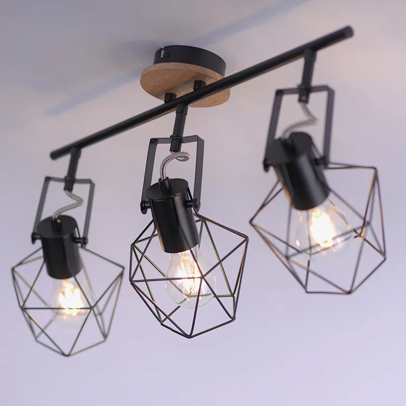 Spotlight industrial negru cu lemn 3 lumini - Sven