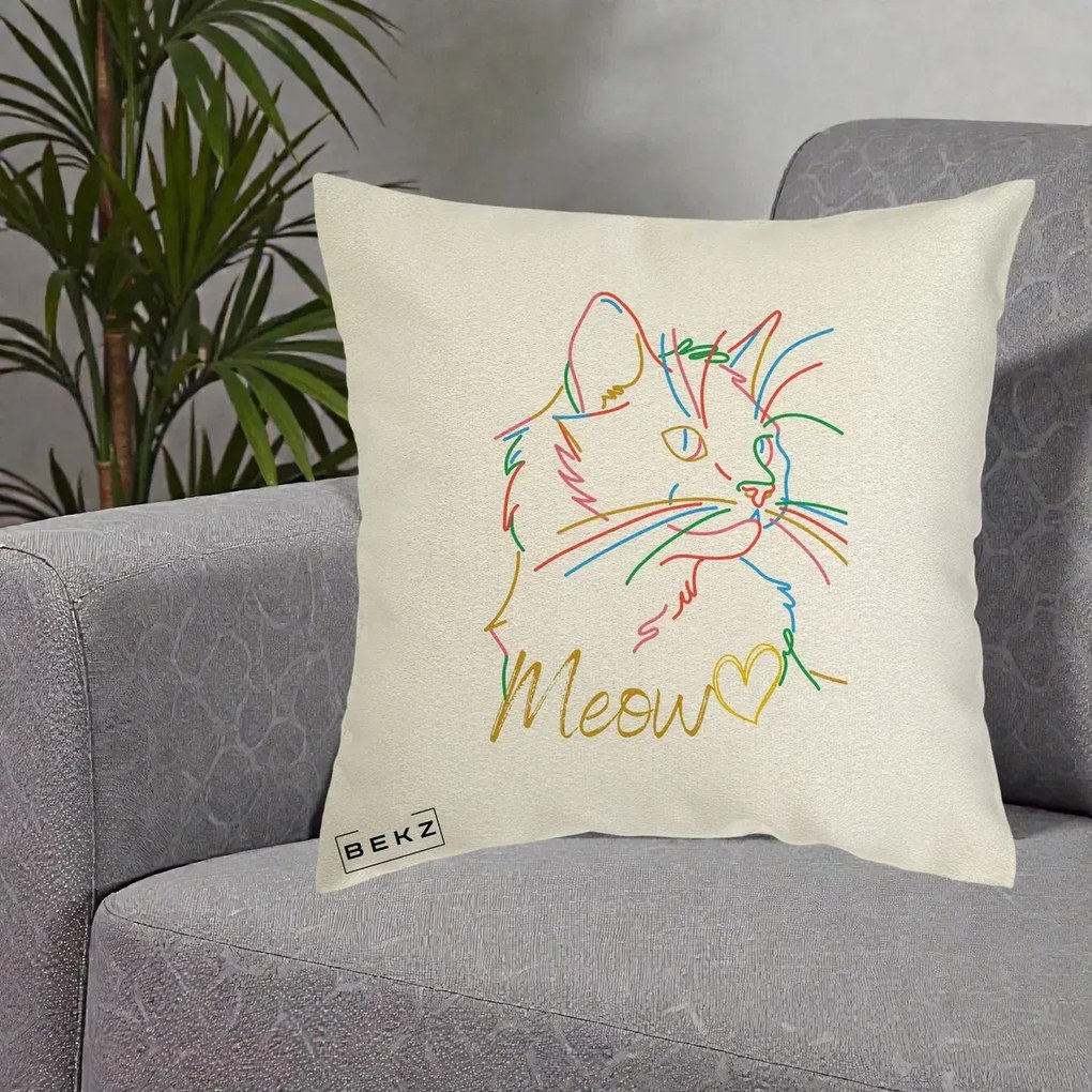 Perna Personalizata Pisica Meow Arta Linie Colorata, 40x40 cm, Ecru, Husa Detasabila, Perna Inclusa, BEKZ®