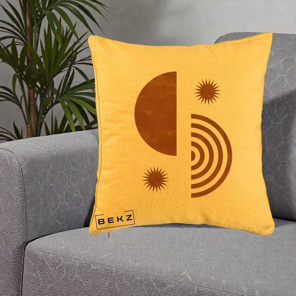 Perna Decorativa Boho Sun si Spirala, 40x40 cm, Galben, Husa Detasabila, Perna Inclusa, BEKZ®