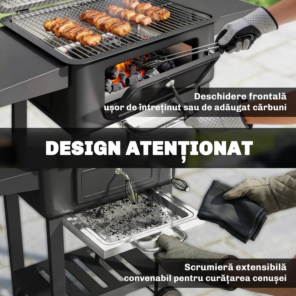 Outsunny Grătar pe Cărbune, Grătar Afumătoare cu Roți pentru Exterior, Negru | Aosom Romania