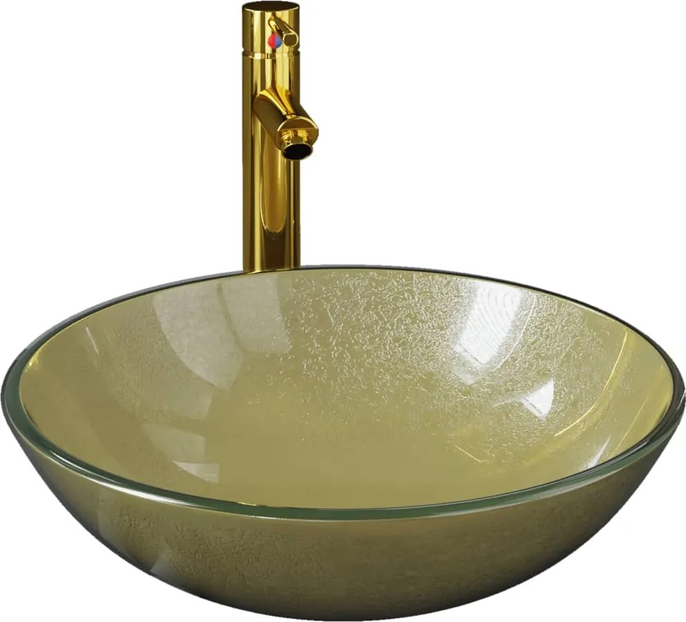vidaXL Chiuvetă baie cu robinet și scurgere tip push, sticlă aurie