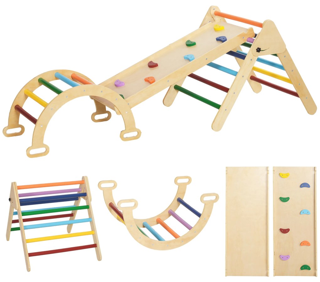 AIYAPLAY Set de Cățărat pentru Copii 5 în 1 cu Triunghi, Arcadă și Rampă, Perfect pentru Copii, 178x64,5x63 cm, Multicolor | Aosom Romania