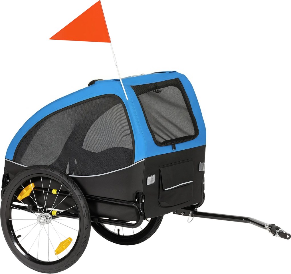 PawHut Remorcă pliabilă pentru câini cu reflectoare, ferestre din plasă, roți, ușă, steguleț de siguranță pentru câini până la 20 kg 138x70x89 cm Albastru | Aosom Romania