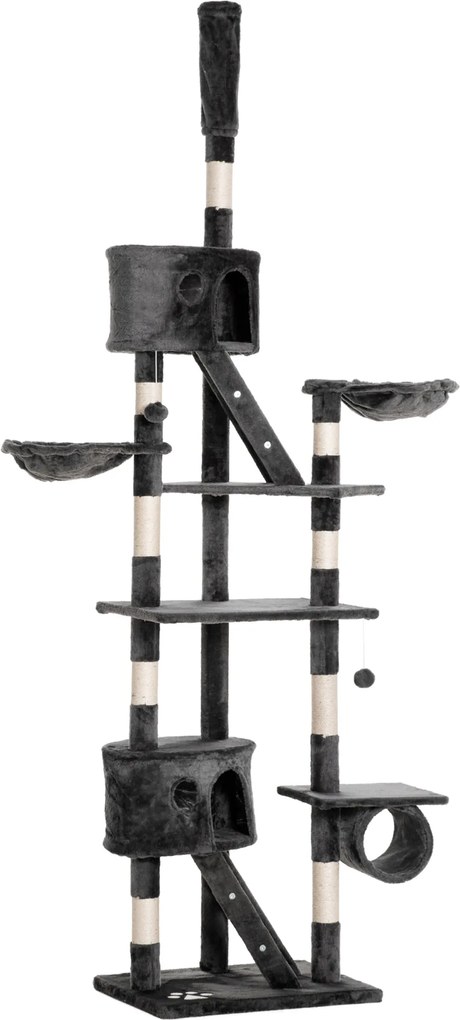 PawHut Ansamblu de Joacă de Tavan pentru Pisici Multinivel cu Înălțime Reglabilă 240-260 cm, cu Cuști și Scări, Gri | Aosom Romania