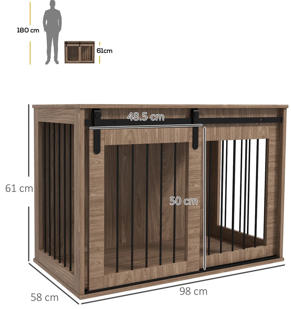 PawHut Căsuță Multifuncțională pentru Câini Mari, Culcuș pentru Câini cu Ușă Culisantă, 98x58x61 cm, Maro | Aosom Romania