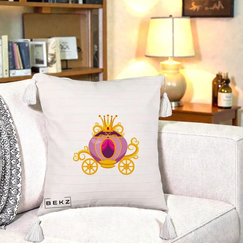 Perna Decorativa Trasura Regala Aurie, 40x40 cm, Bej cu Franjuri, Husa Detasabila, Perna Inclusa, BEKZ®