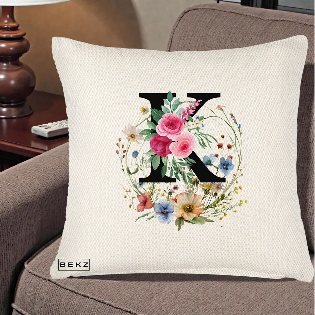 Cadou Personalizat - Perna Personalizata Monogram Litera K cu Flori Acuarela, 40x40 cm, Crem Reliefat, Husa Detasabila, Perna Inclusa, BEKZ®