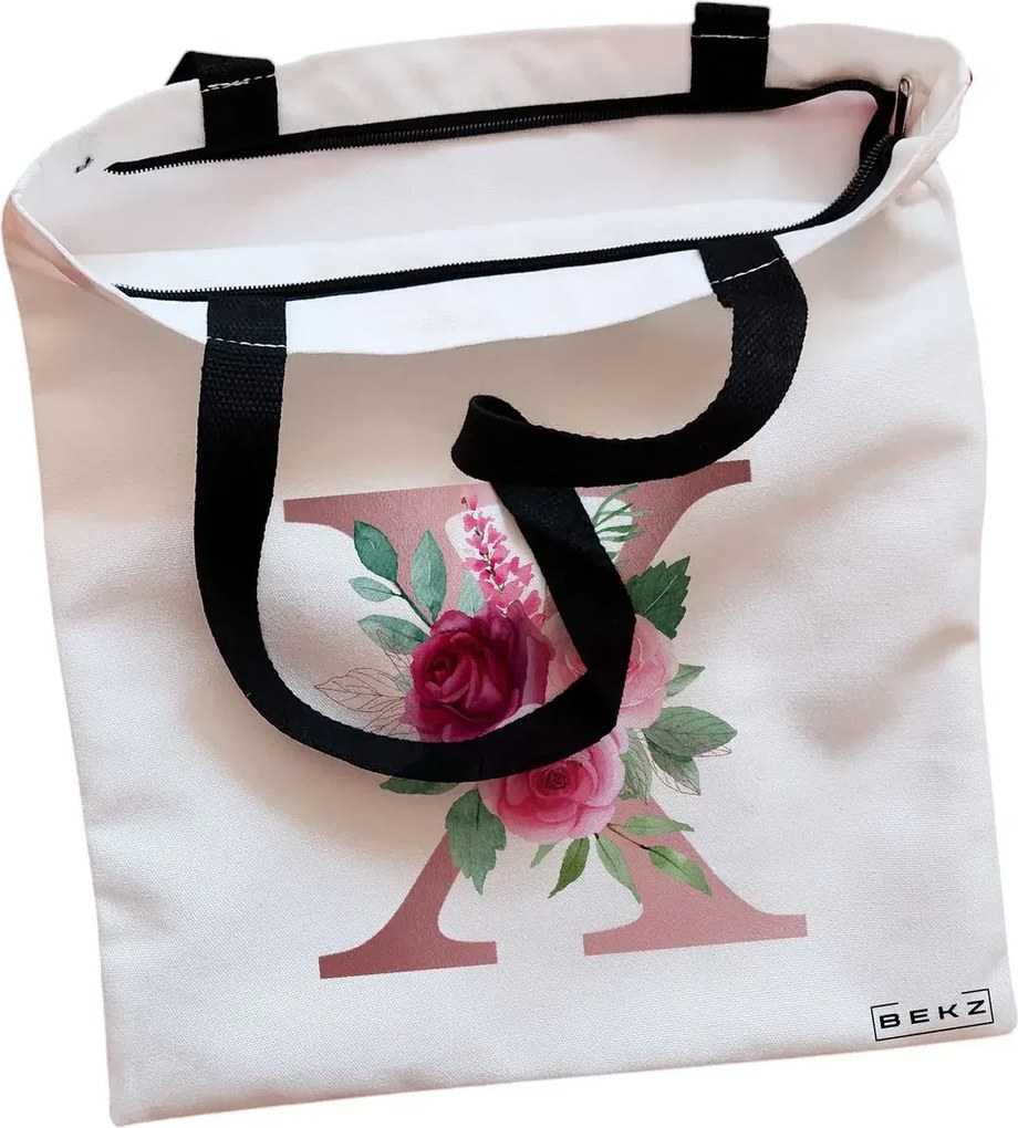 Sacosa de Panza pentru Cumparaturi, Geanta Tote, Cu litera X Rose Gold si Trandafiri, Cu fermoar, 38x34.5 cm, Alba, BEKZ®