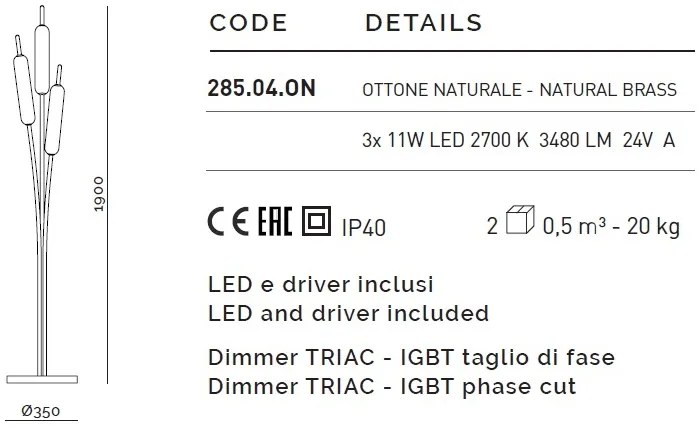 Lampadar LED design LUX, fabricat manual TYPHA 285.04.ON