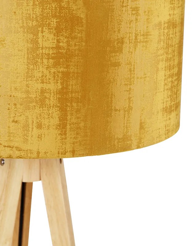 Lampă de podea din lemn cu abajur din stofă auriu 50 cm - Tripod Classic