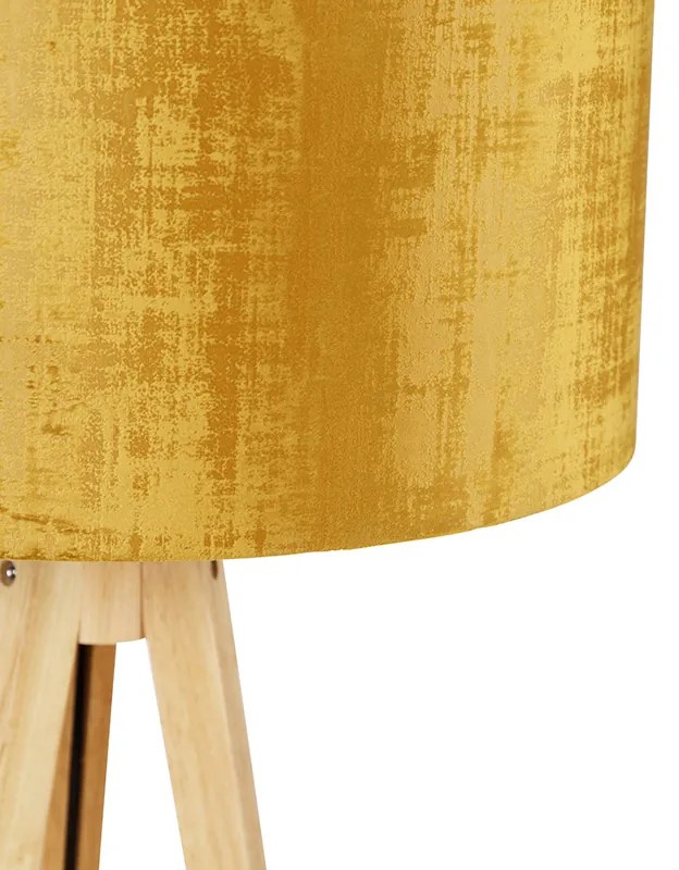 Lampă de podea din lemn cu nuanță de stofă aur 50 cm - Tripod Classic