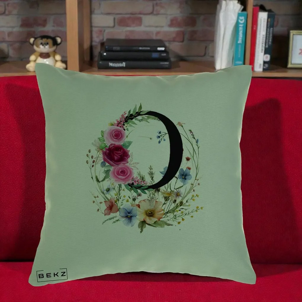Cadou Personalizat - Perna Personalizata Monogram Litera O cu Flori Acuarela, 40x40 cm, Verde, Husa Detasabila, Perna Inclusa, BEKZ®