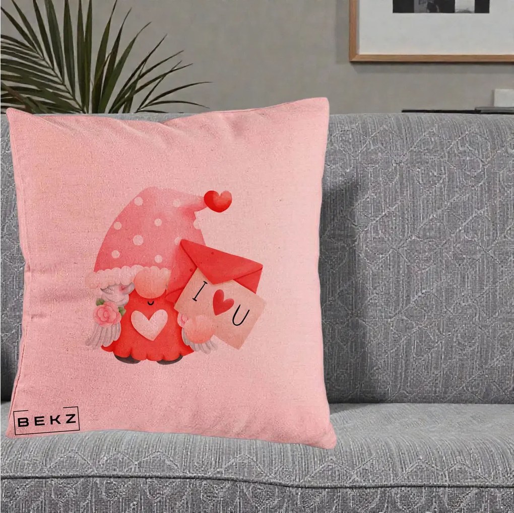 Cadou Romantic - Perna Personalizata I Love You Gnome Valentine cu Scrisoare, 40x40 cm, Roz, Husa Detasabila, Perna Inclusa, BEKZ®
