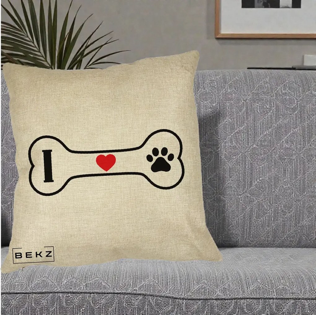 Perna Personalizata I Love Dog Os si Labuta, 40x40 cm, Crem, Husa Detasabila, Perna Inclusa, BEKZ®