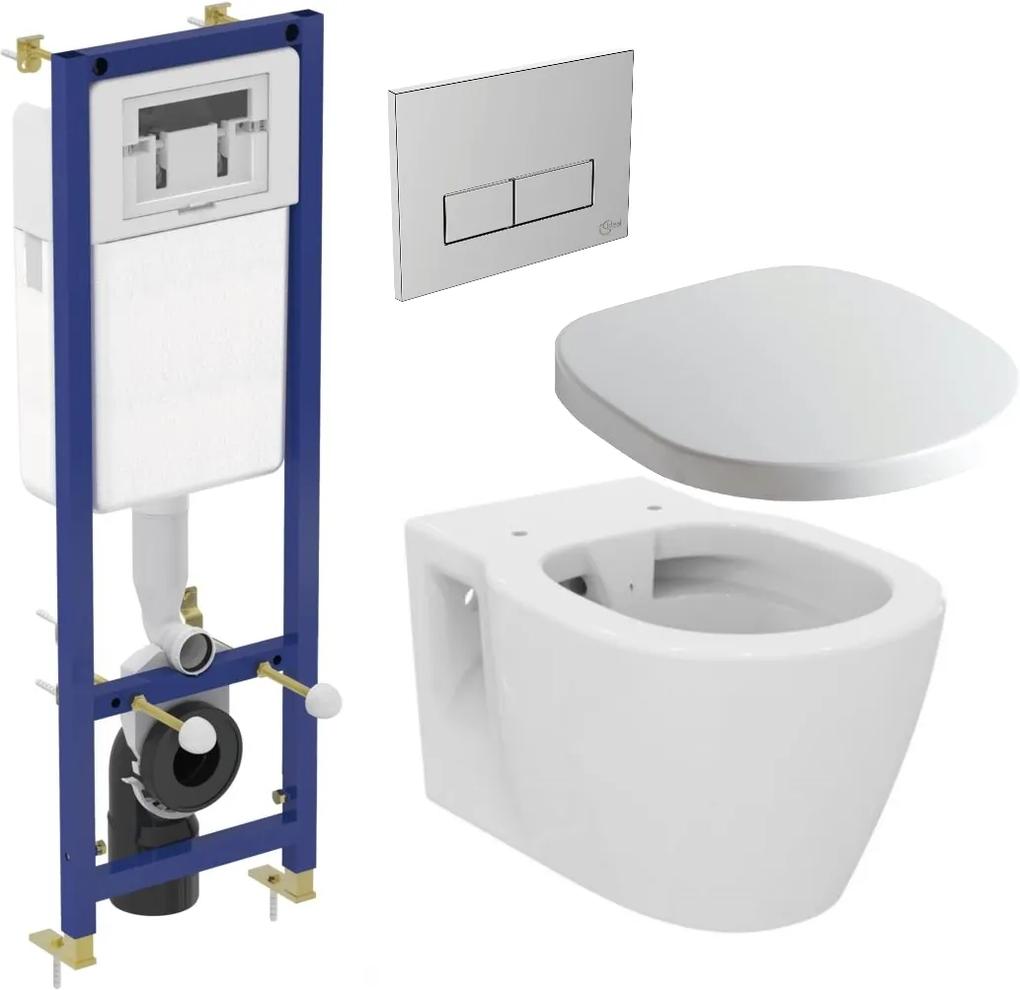Set vas WC suspendat Ideal Standard Connect Rimless, capac inchidere lenta si rezervor incastrat cu clapeta crom