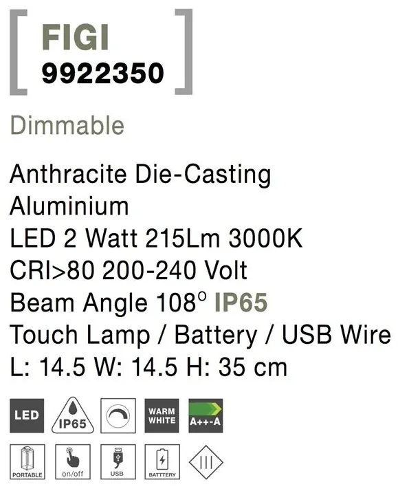 Lampa LED portabila pentru iluminat exterior IP65 FIGI H-35cm