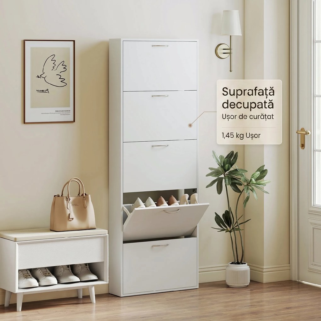 HOMCOM Dulap pentru Pantofi Subțire cu 5 Uși 65x17x180,5 cm în Lemn Alb | Aosom Romania