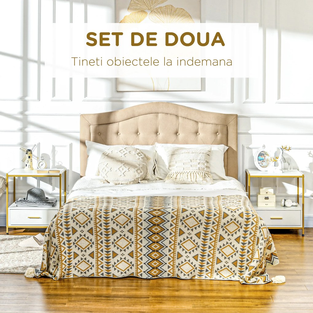 Set de 2 Masute Noptiere Moderne, Noptiere cu Sertar si Raft, Organizatoare de Depozitare, Alb si Auriu 50x40x55cm HOMCOM | Aosom Romania