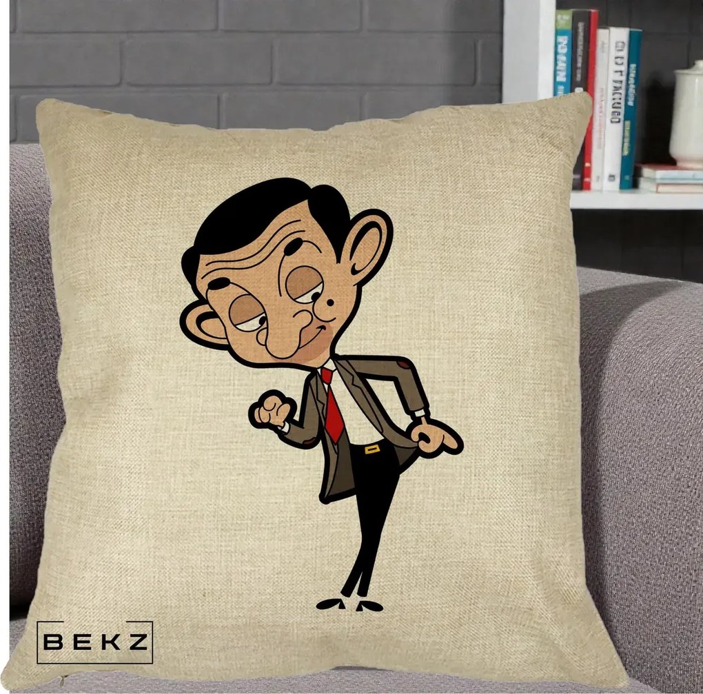 Perna Personalizata Mr. Bean Caricatura, 40x40 cm, Crem, Husa Detasabila, Perna Inclusa, BEKZ®