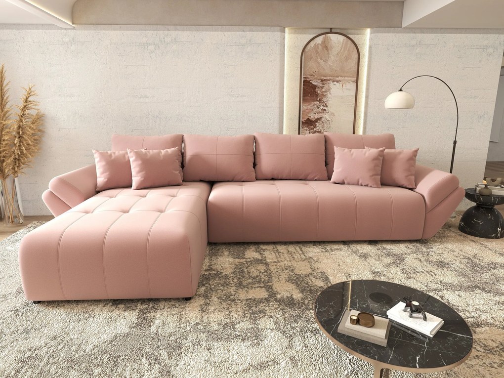 Colțar extensibil dumonde cu ladă de depozitare si sezut confortabil din spuma high-density, Berlin XL Royal Roz 350x185 cm