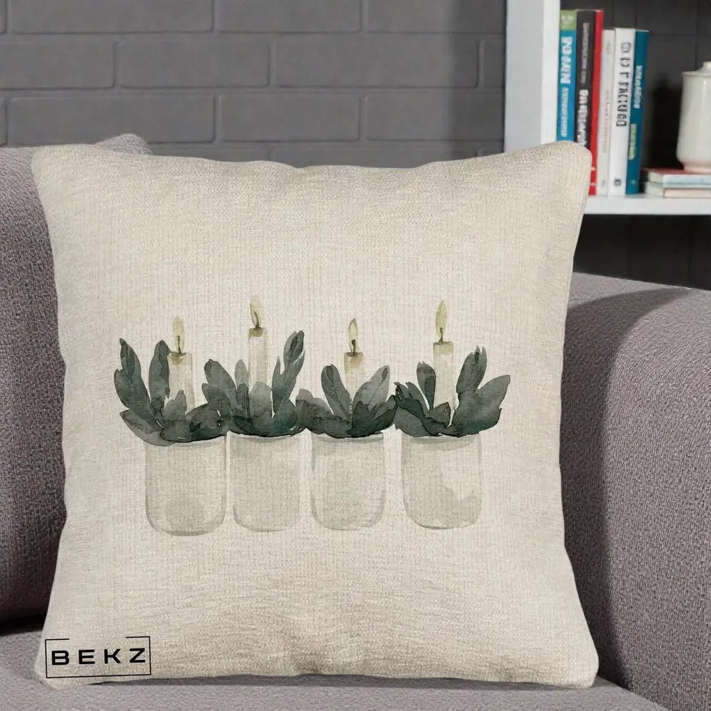 Perna Decorativa Lumanari in Borcane cu Eucalipt, 40x40 cm, Bej Canapea, Husa Detasabila, Perna Inclusa, BEKZ®
