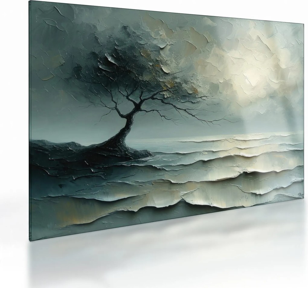 Tablou pe sticlă - pictură în ulei de un copac cu oceanul (70x50 cm)