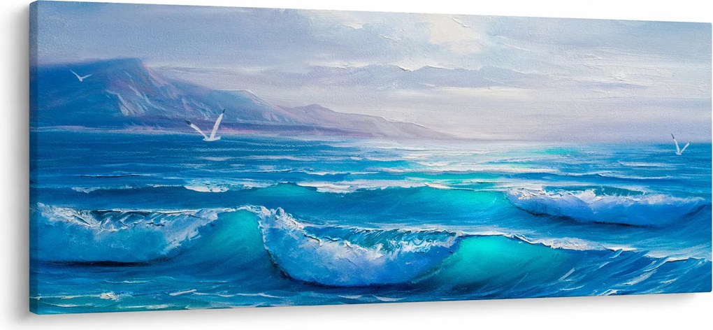 Tablou - Pictură în ulei de mare cu pescăruși (120x50 cm)