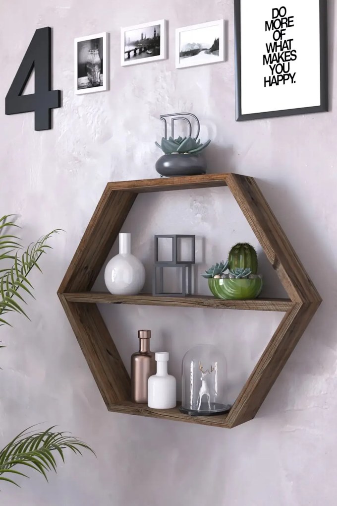 Raft de perete din lemn Hexagonal Homs, maro