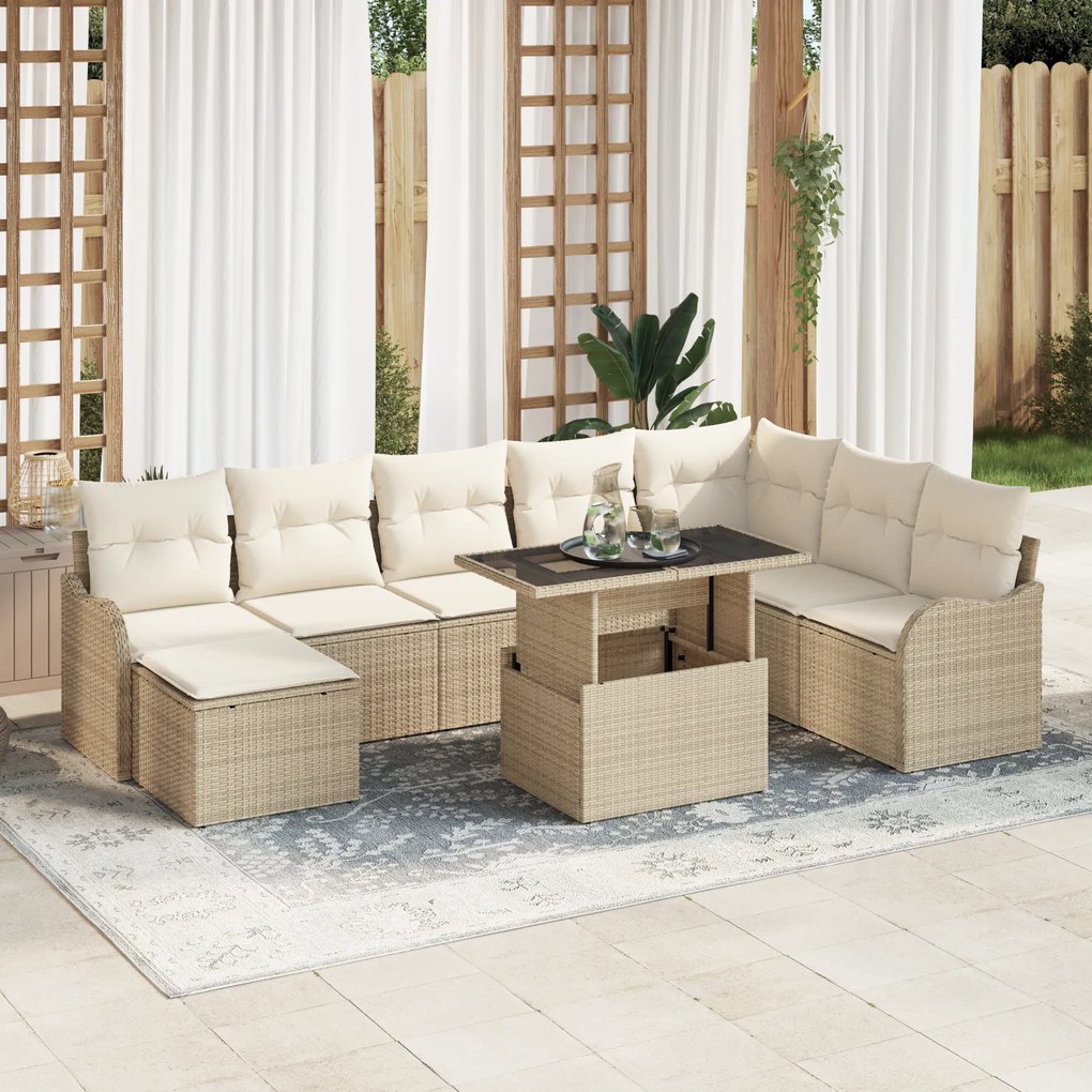 Set de Sofa de Grădină 9 Piese cu Perne Bej din Ratan Polietilenic